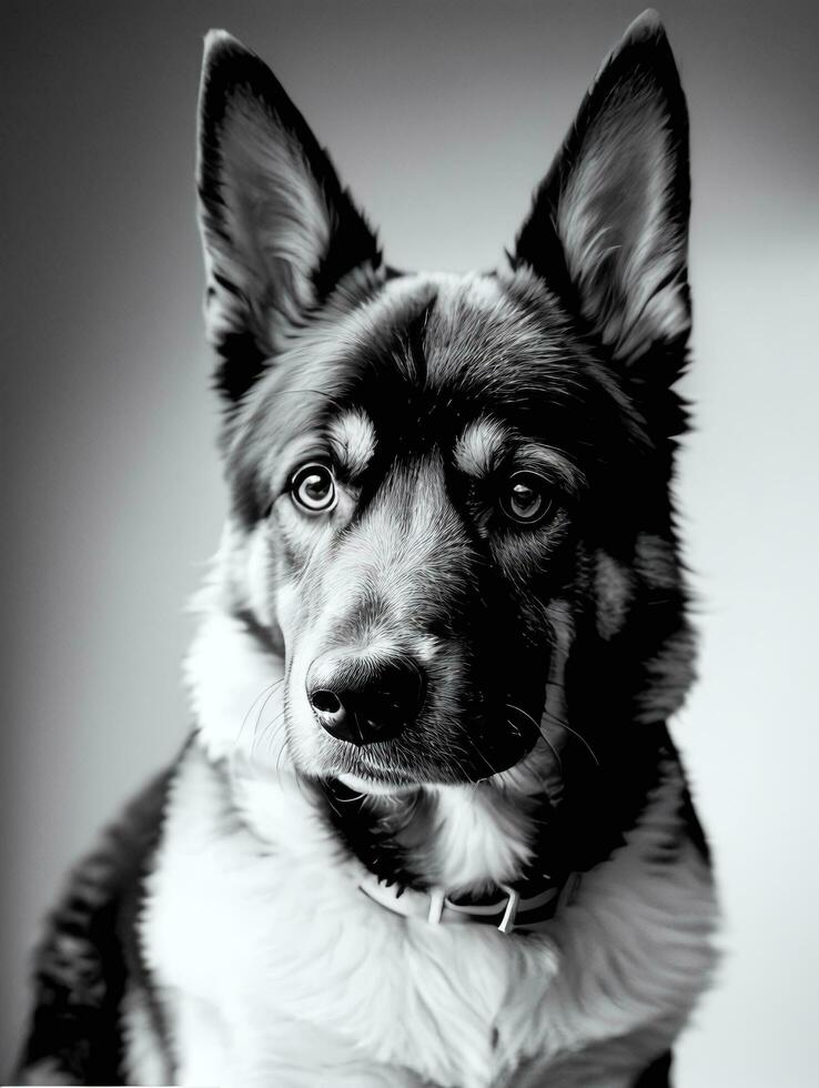 Happy German Shepherd Dog Black and White Monochrome Photo in Studio Lighting