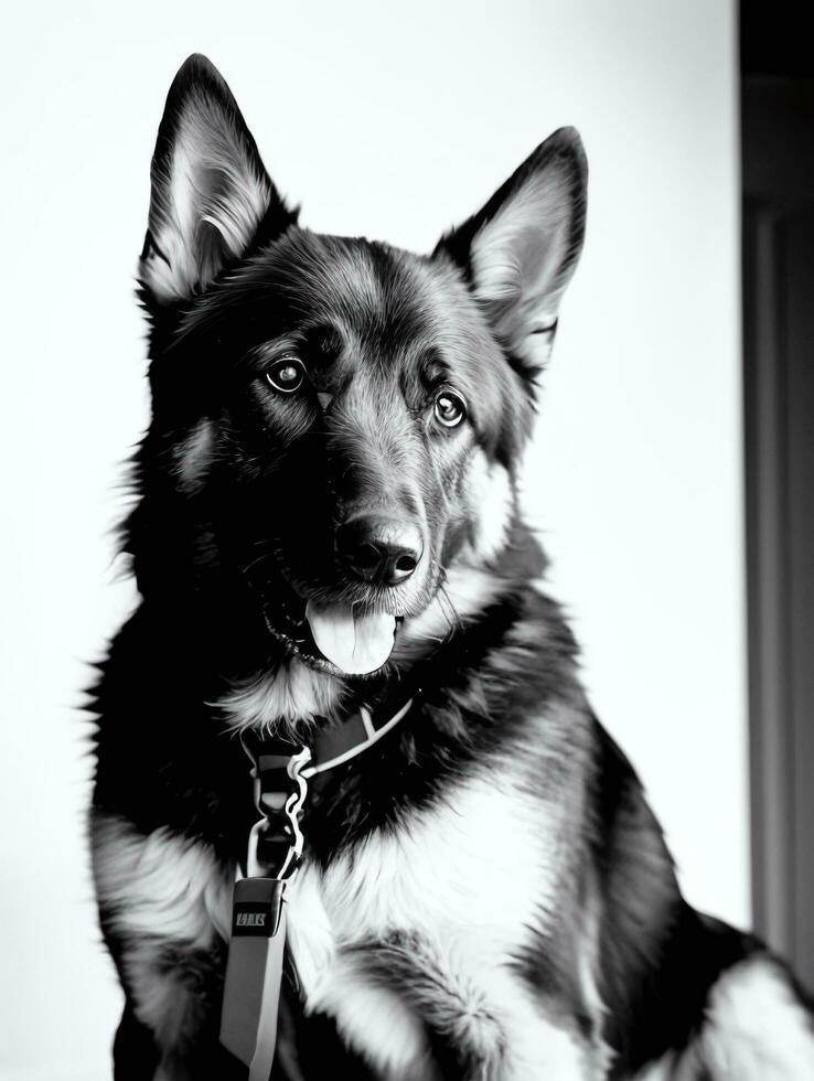 Happy German Shepherd Dog Black and White Monochrome Photo in Studio Lighting