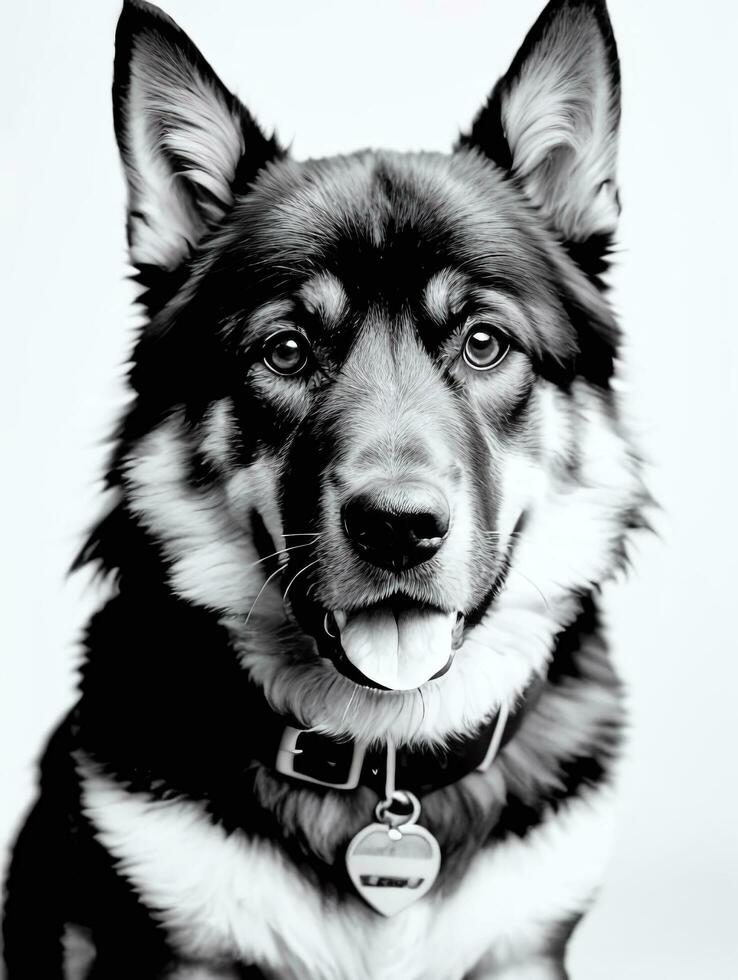 Happy German Shepherd Dog Black and White Monochrome Photo in Studio Lighting