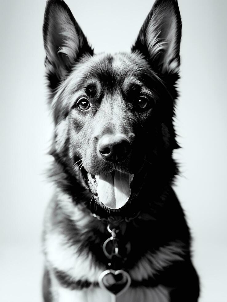 Happy German Shepherd Dog Black and White Monochrome Photo in Studio Lighting