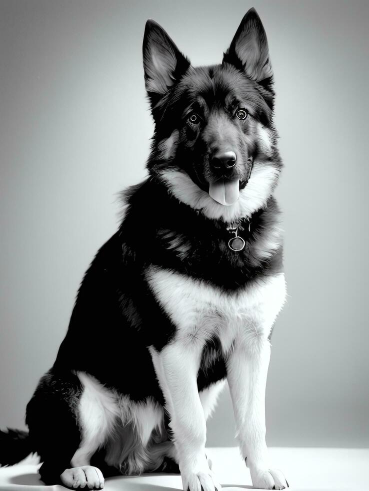 Happy German Shepherd Dog Black and White Monochrome Photo in Studio Lighting