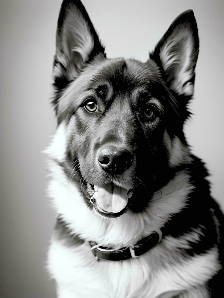 Happy German Shepherd Dog Black and White Monochrome Photo in Studio Lighting