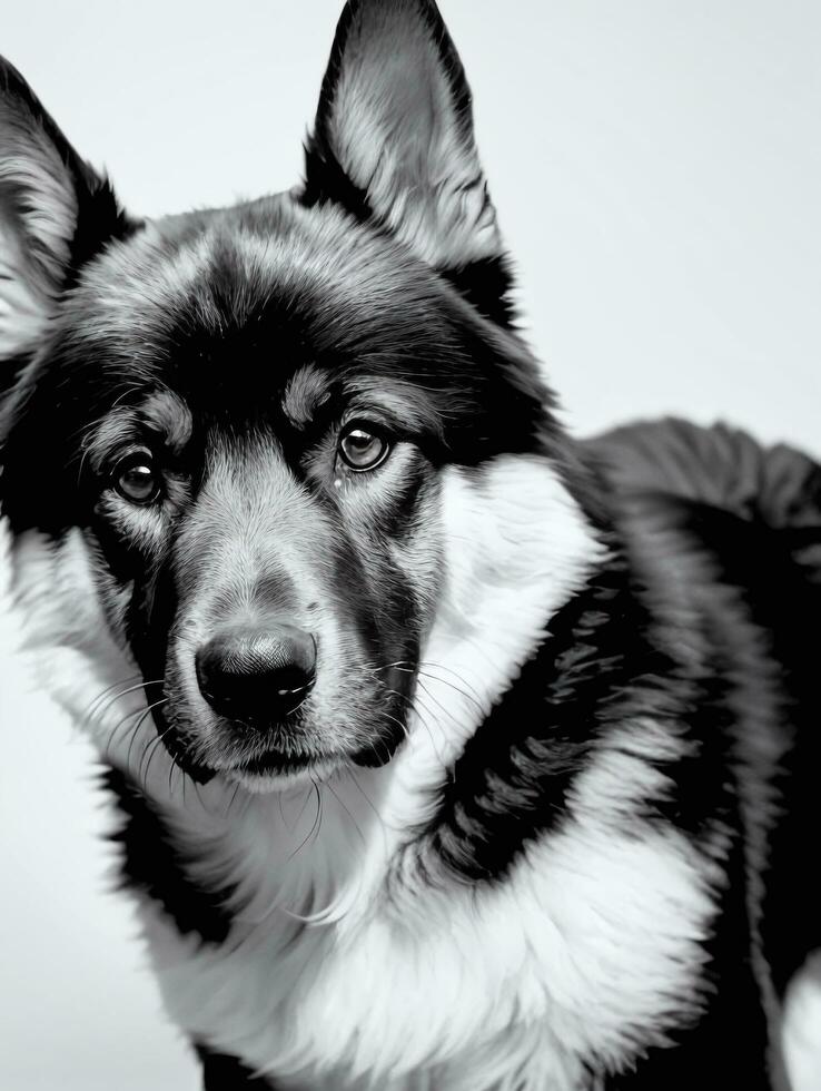 Happy German Shepherd Dog Black and White Monochrome Photo in Studio Lighting