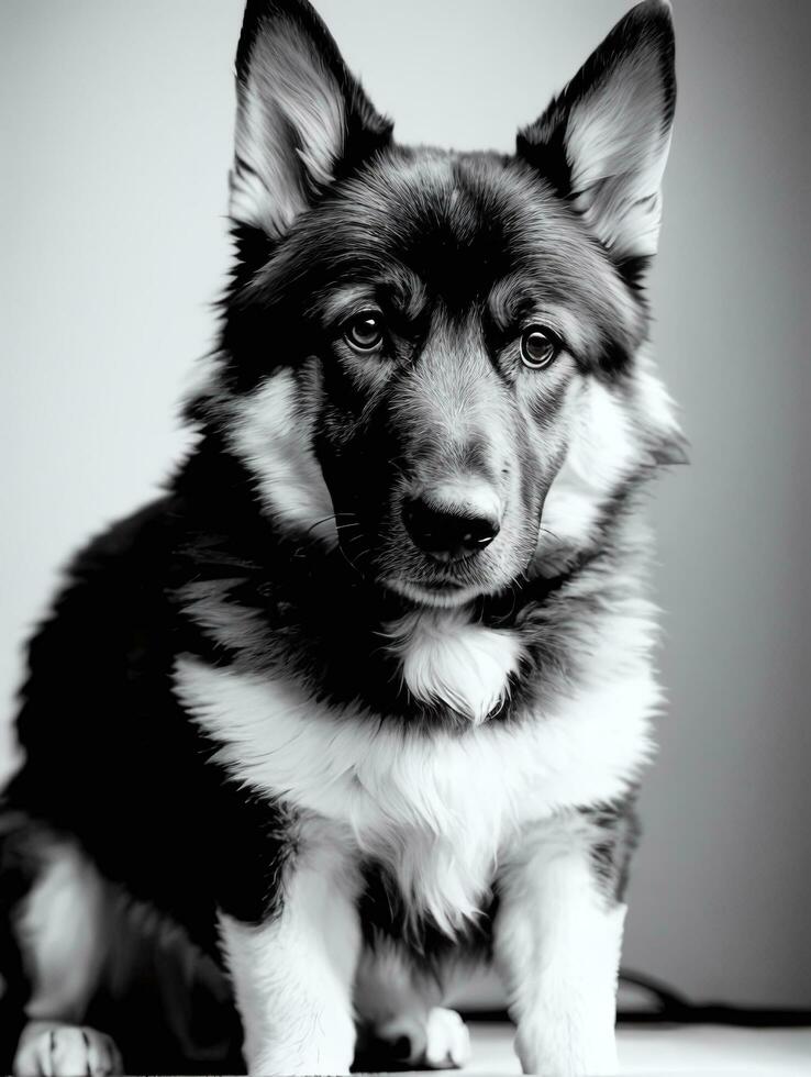 Happy German Shepherd Dog Black and White Monochrome Photo in Studio Lighting