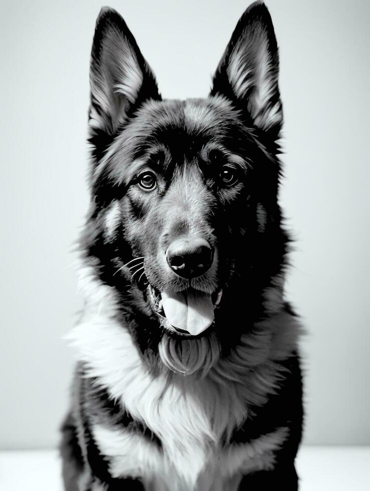 contento alemán pastor perro negro y blanco monocromo foto en estudio Encendiendo