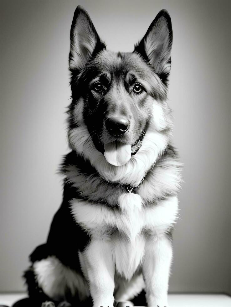 contento alemán pastor perro negro y blanco monocromo foto en estudio Encendiendo