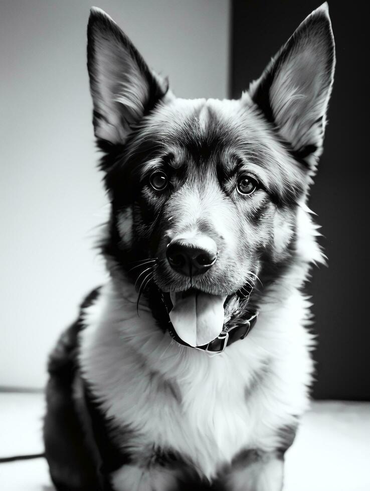 Happy German Shepherd Dog Black and White Monochrome Photo in Studio Lighting