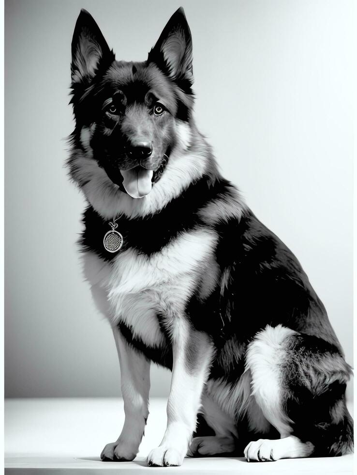 Happy German Shepherd Dog Black and White Monochrome Photo in Studio Lighting