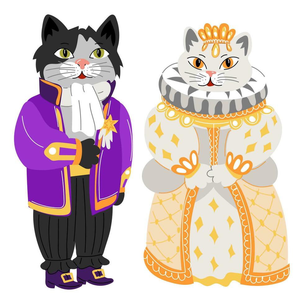 A cat and a cat in retro costumes for the ball. Outfits of the queen and the messenger of the 19th century. Ballroom outfits. Animals in ballroom dresses on a white background vector