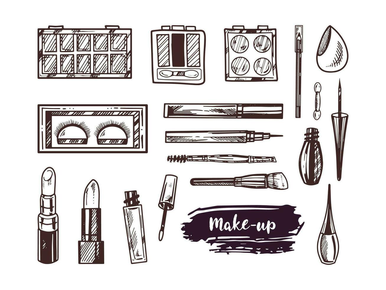 A set of hand-drawn doodle sketches of cosmetics, beauty, self-care elements.  Illustration for beauty salon, cosmetic store, makeup design. Engraved image. vector