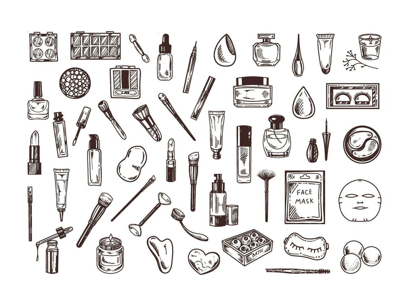 A set of hand-drawn doodle sketches of cosmetics, beauty, self-care, spa elements.  Illustration for beauty salon, cosmetic store, makeup design. Engraved image. vector