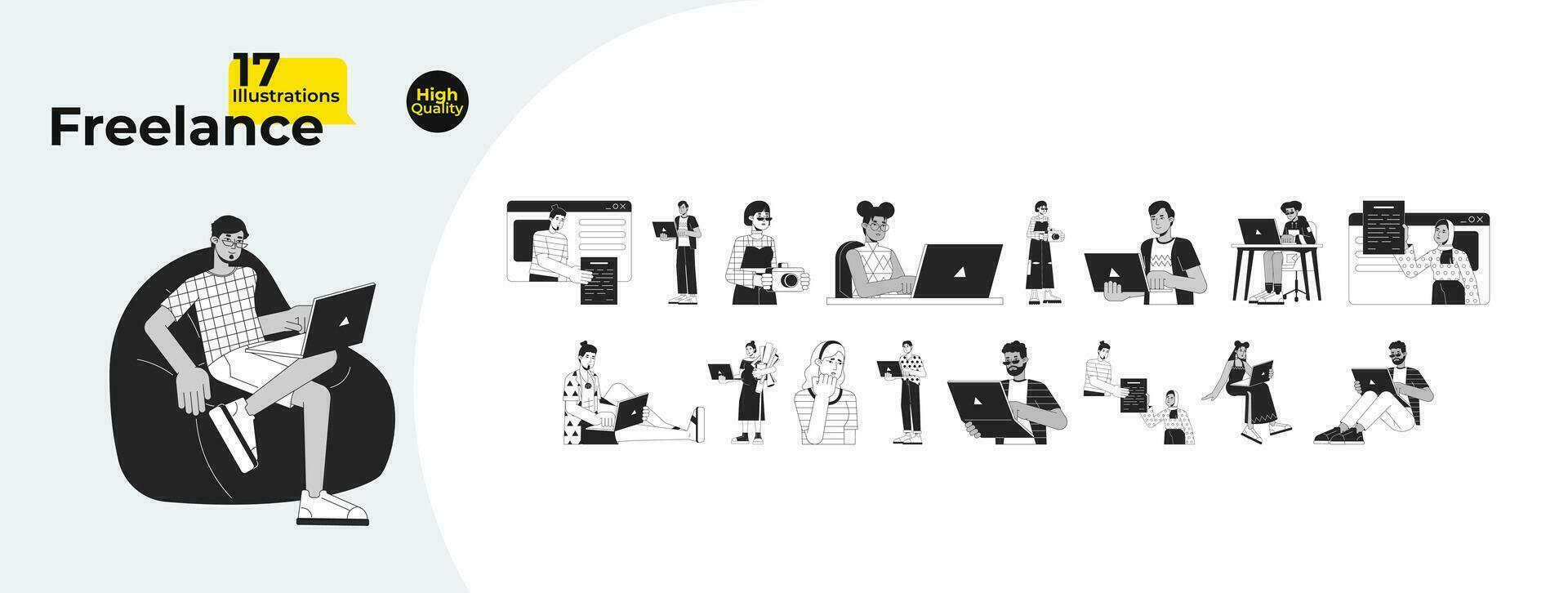 Diverse freelancers laptops black and white cartoon flat illustration bundle. Telecommuting adults multicultural 2D lineart characters isolated. Teleworking monochrome vector outline image collection