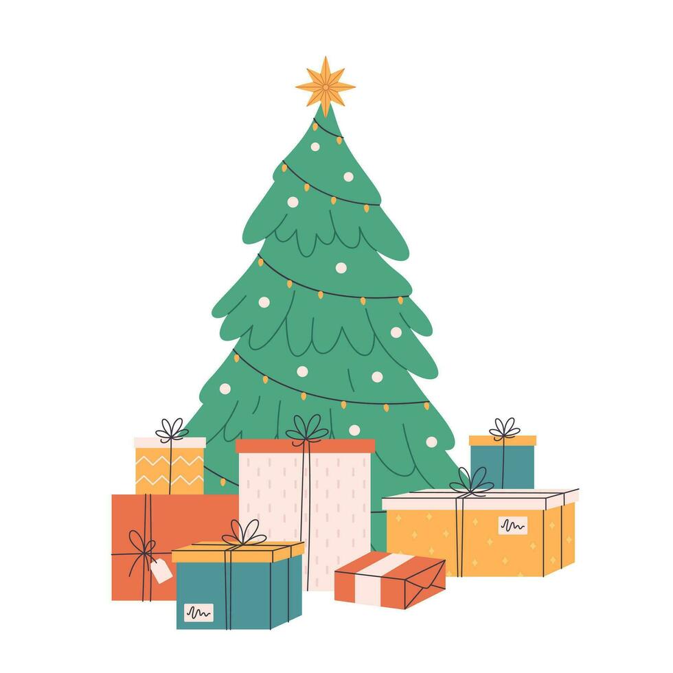 Christmas tree with gift boxes. Christmas presents. Happy New Year and Merry Christmas. vector