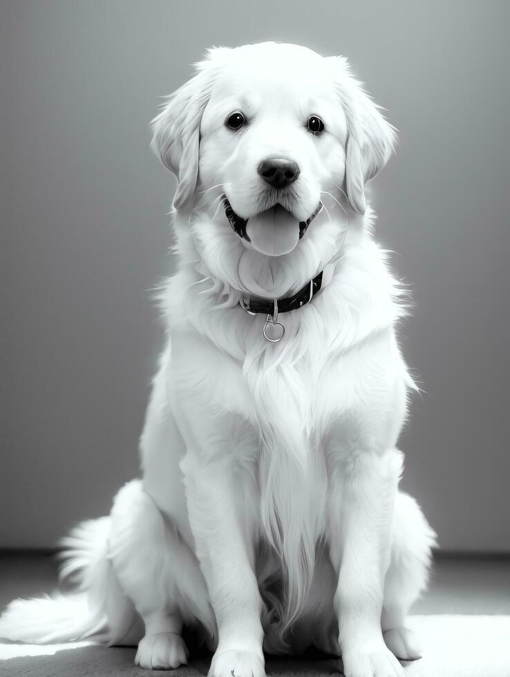 Happy Golden Retriever Dog Black and White Monochrome Photo in Studio Lighting