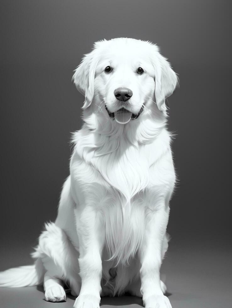 Happy Golden Retriever Dog Black and White Monochrome Photo in Studio Lighting