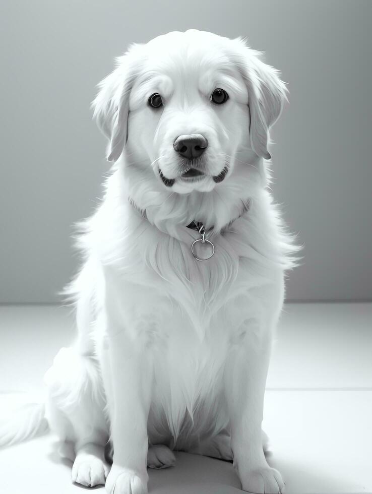 Happy Golden Retriever Dog Black and White Monochrome Photo in Studio Lighting