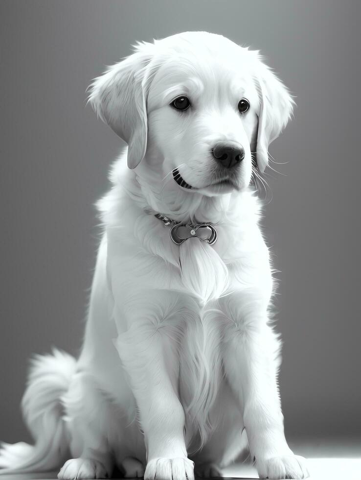 Happy Golden Retriever Dog Black and White Monochrome Photo in Studio Lighting