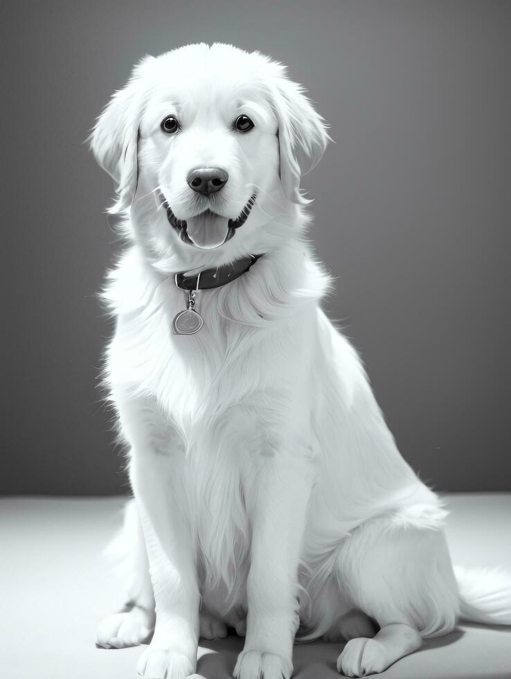 Happy Golden Retriever Dog Black and White Monochrome Photo in Studio Lighting