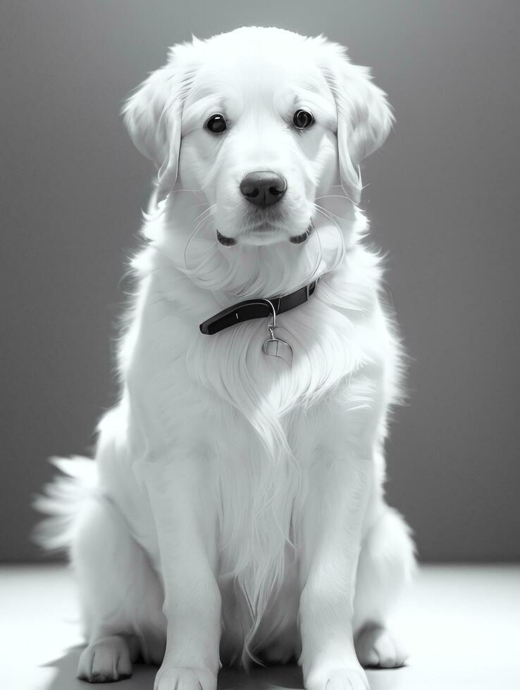 Happy Golden Retriever Dog Black and White Monochrome Photo in Studio Lighting