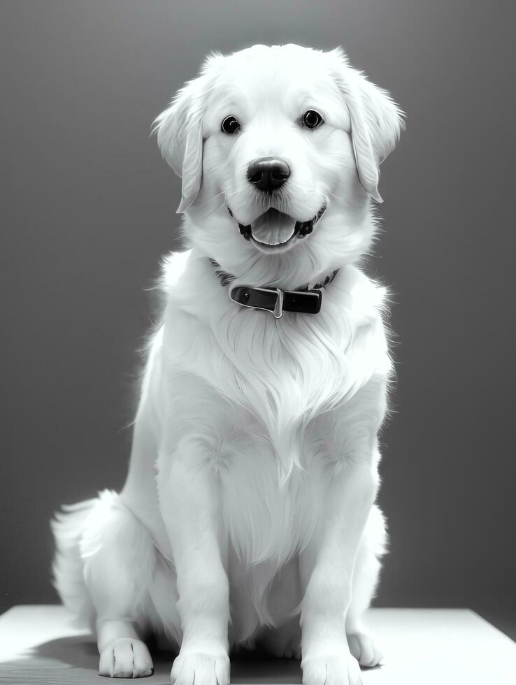 Happy Golden Retriever Dog Black and White Monochrome Photo in Studio Lighting