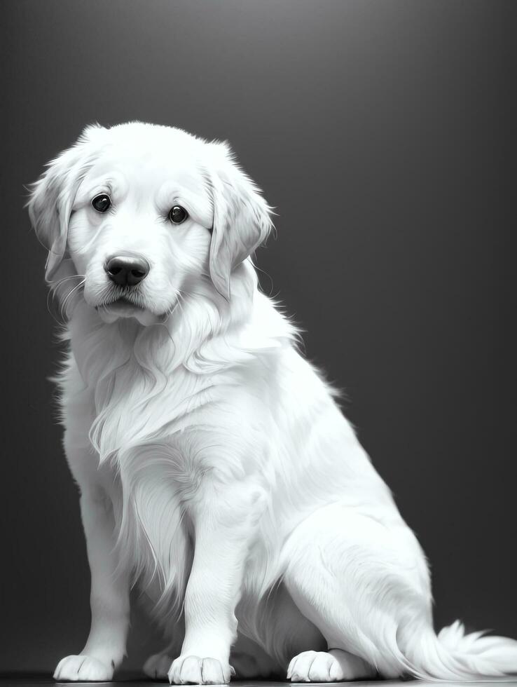 Happy Golden Retriever Dog Black and White Monochrome Photo in Studio Lighting