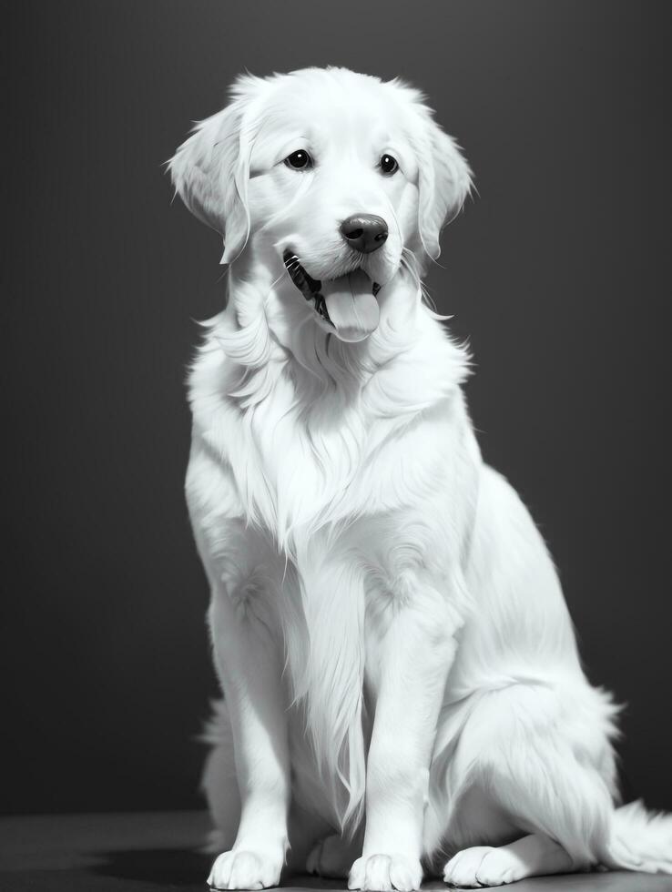 Happy Golden Retriever Dog Black and White Monochrome Photo in Studio Lighting