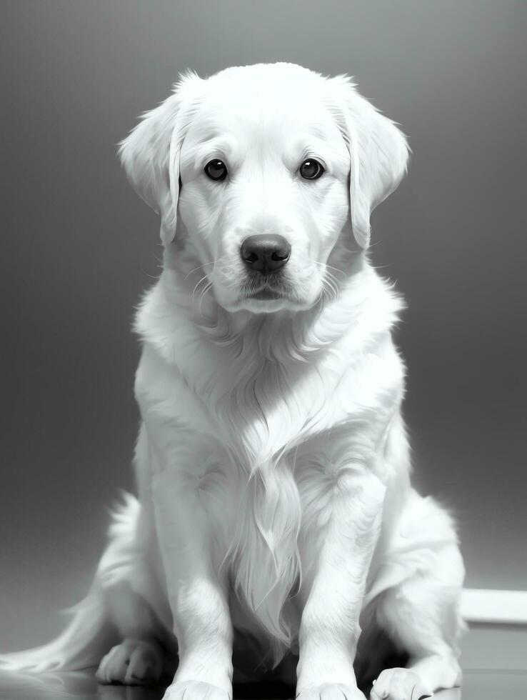 Happy Golden Retriever Dog Black and White Monochrome Photo in Studio Lighting