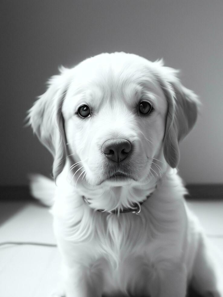 Happy Golden Retriever Dog Black and White Monochrome Photo in Studio Lighting