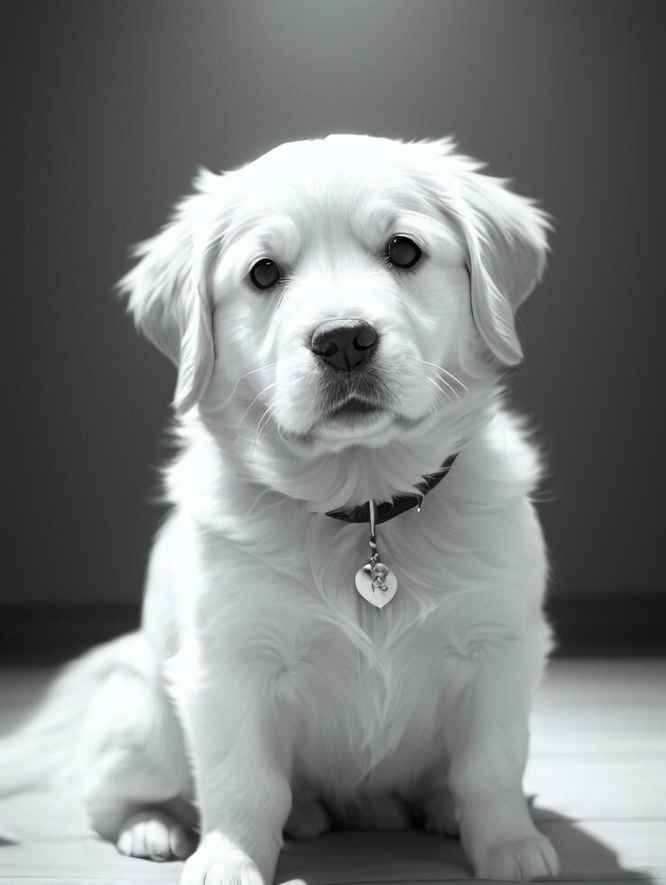 Happy Golden Retriever Dog Black and White Monochrome Photo in Studio Lighting