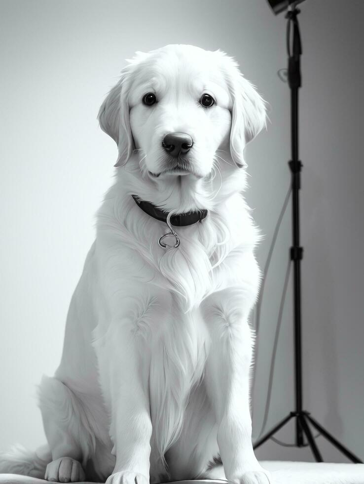 Happy Golden Retriever Dog Black and White Monochrome Photo in Studio Lighting