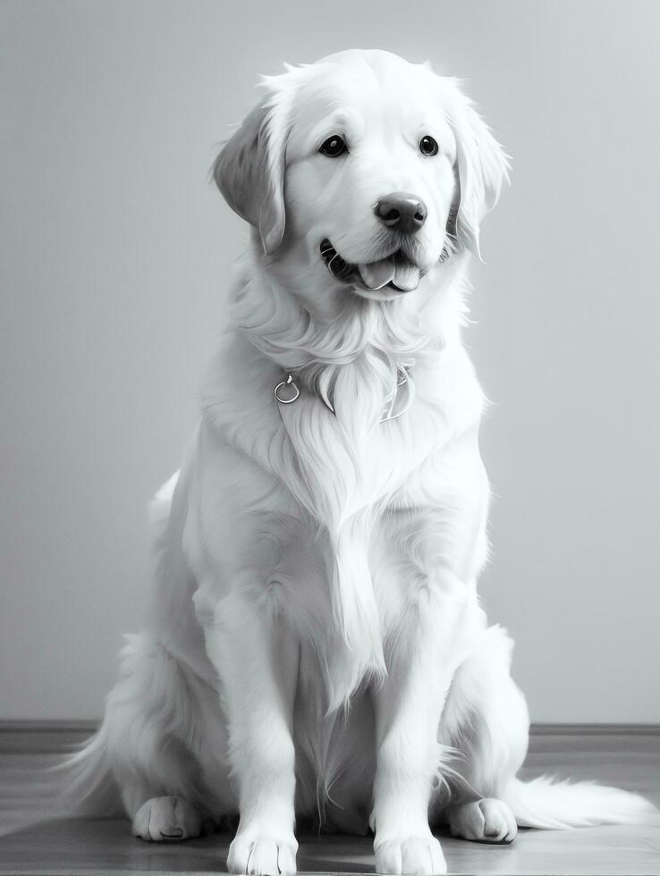 Happy Golden Retriever Dog Black and White Monochrome Photo in Studio Lighting