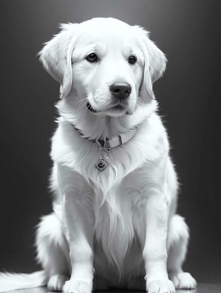 Happy Golden Retriever Dog Black and White Monochrome Photo in Studio Lighting