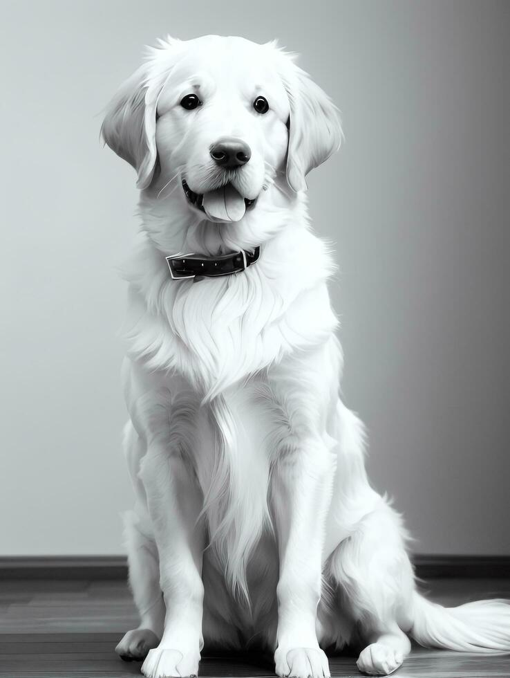 Happy Golden Retriever Dog Black and White Monochrome Photo in Studio Lighting