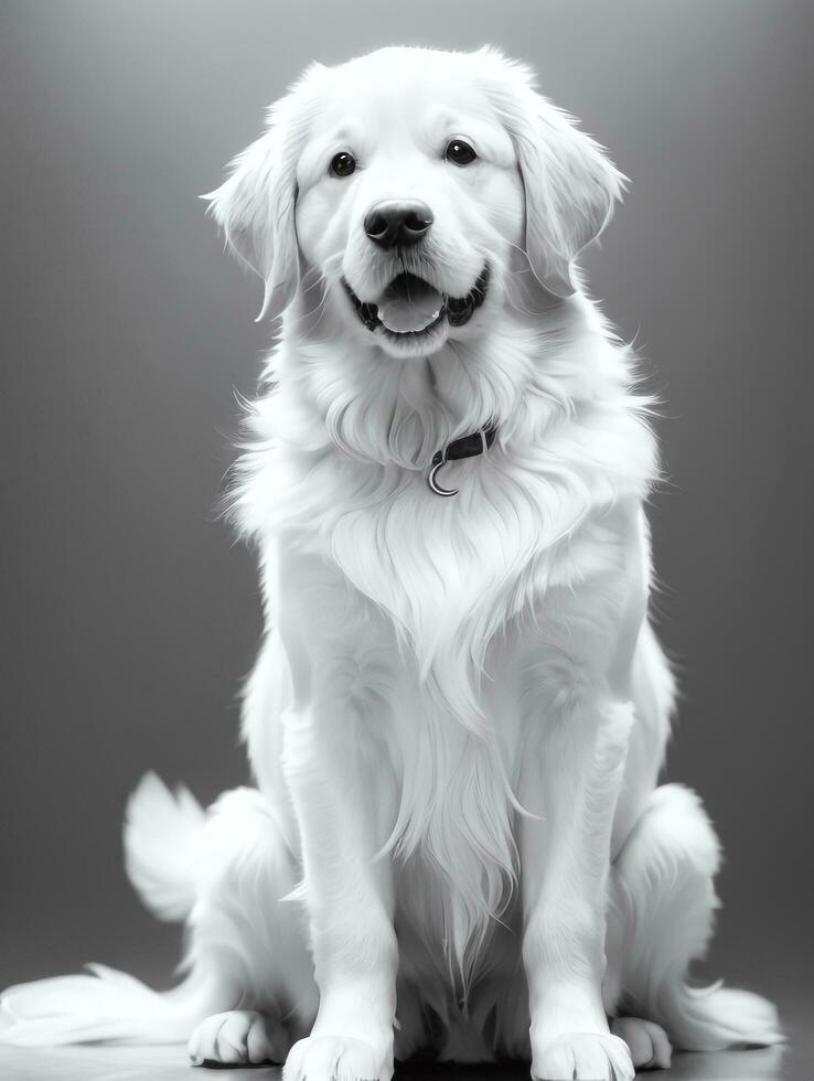 Happy Golden Retriever Dog Black and White Monochrome Photo in Studio Lighting