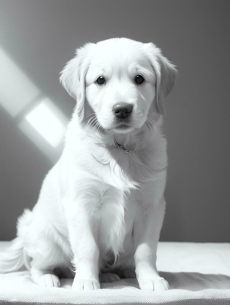 Happy Golden Retriever Dog Black and White Monochrome Photo in Studio Lighting