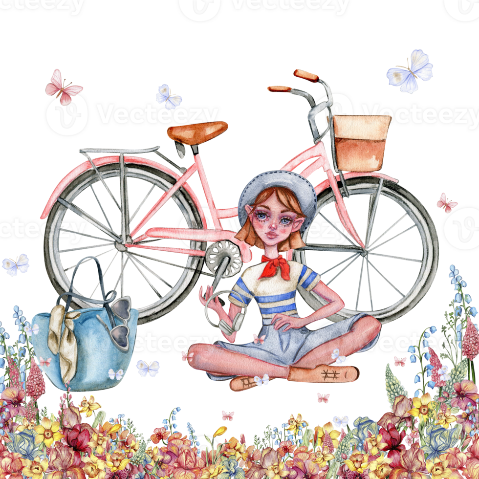 sammansättning av en små flicka Sammanträde i blommor med cykel på de tillbaka. png