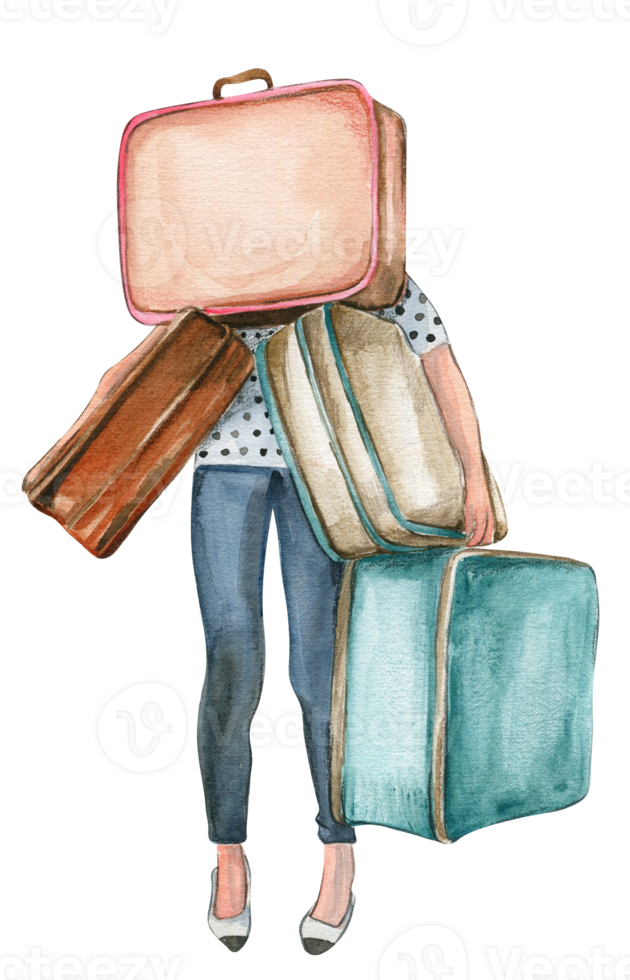 Watercolor fashion travelling young woman and travelling cases. png