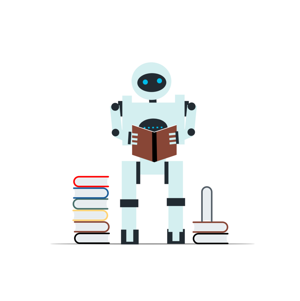 a robot reading a book on a stack of books png