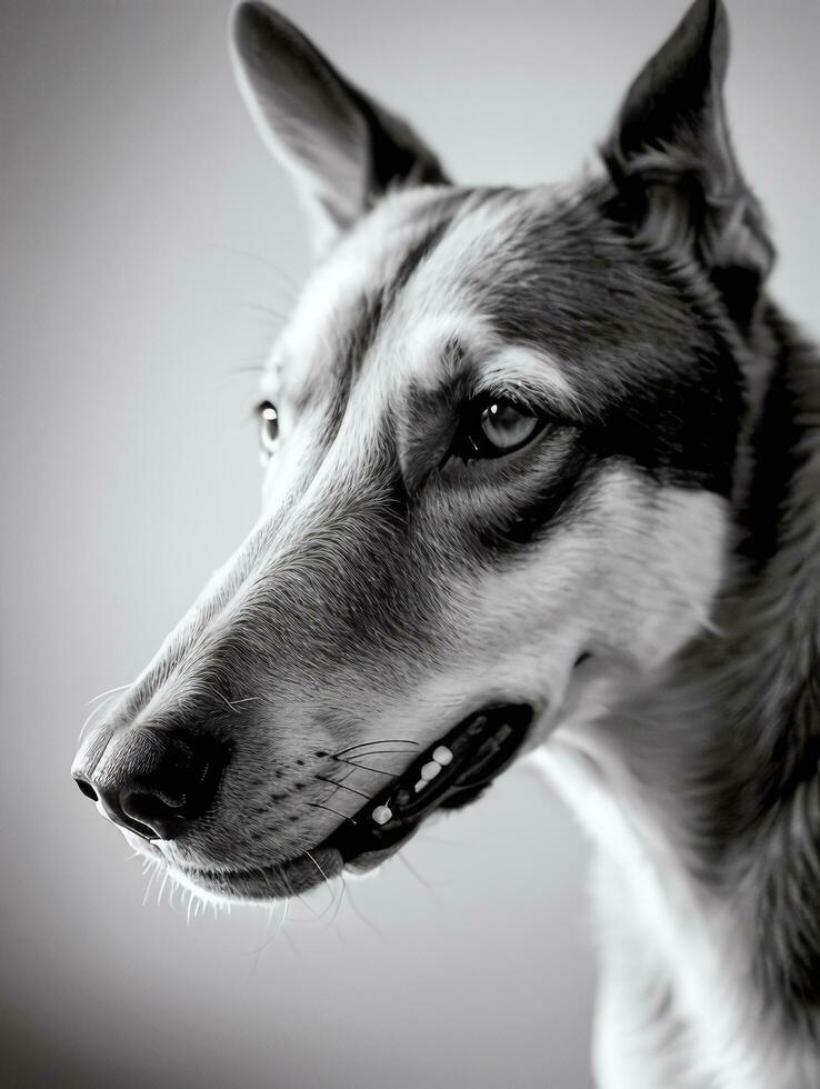 Happy Greyhound Dog Black and White Monochrome Photo in Studio Lighting