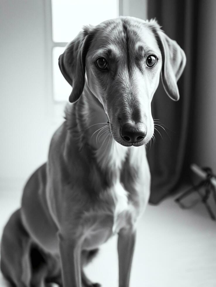 Happy Greyhound Dog Black and White Monochrome Photo in Studio Lighting