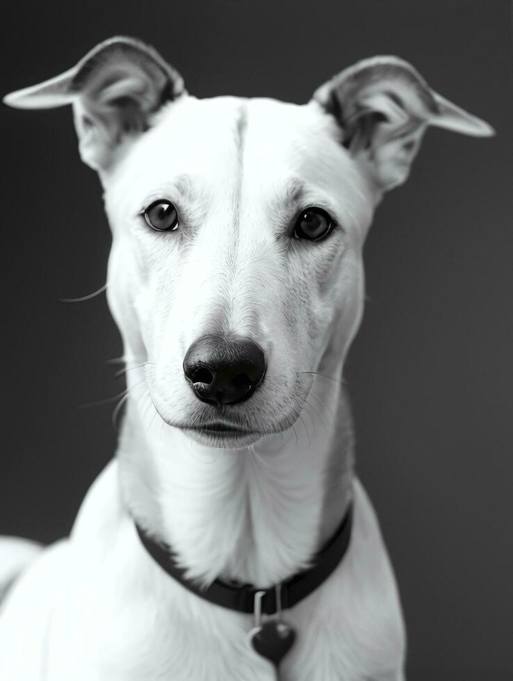 Happy Greyhound Dog Black and White Monochrome Photo in Studio Lighting