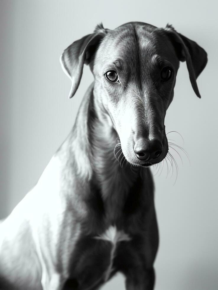Happy Greyhound Dog Black and White Monochrome Photo in Studio Lighting