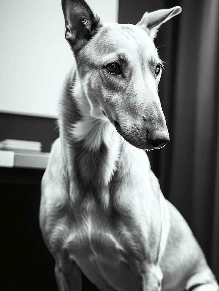 contento galgo perro negro y blanco monocromo foto en estudio Encendiendo