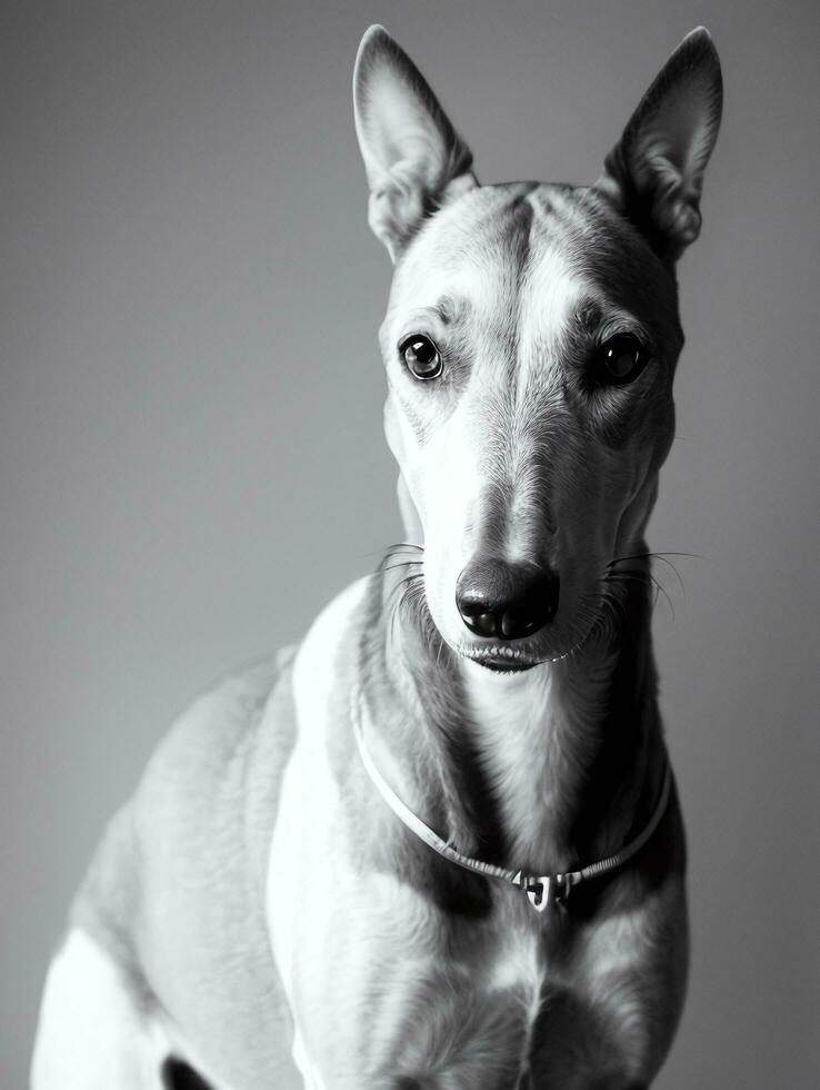 Happy Greyhound Dog Black and White Monochrome Photo in Studio Lighting