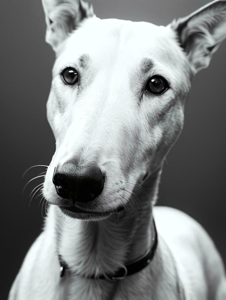 Happy Greyhound Dog Black and White Monochrome Photo in Studio Lighting