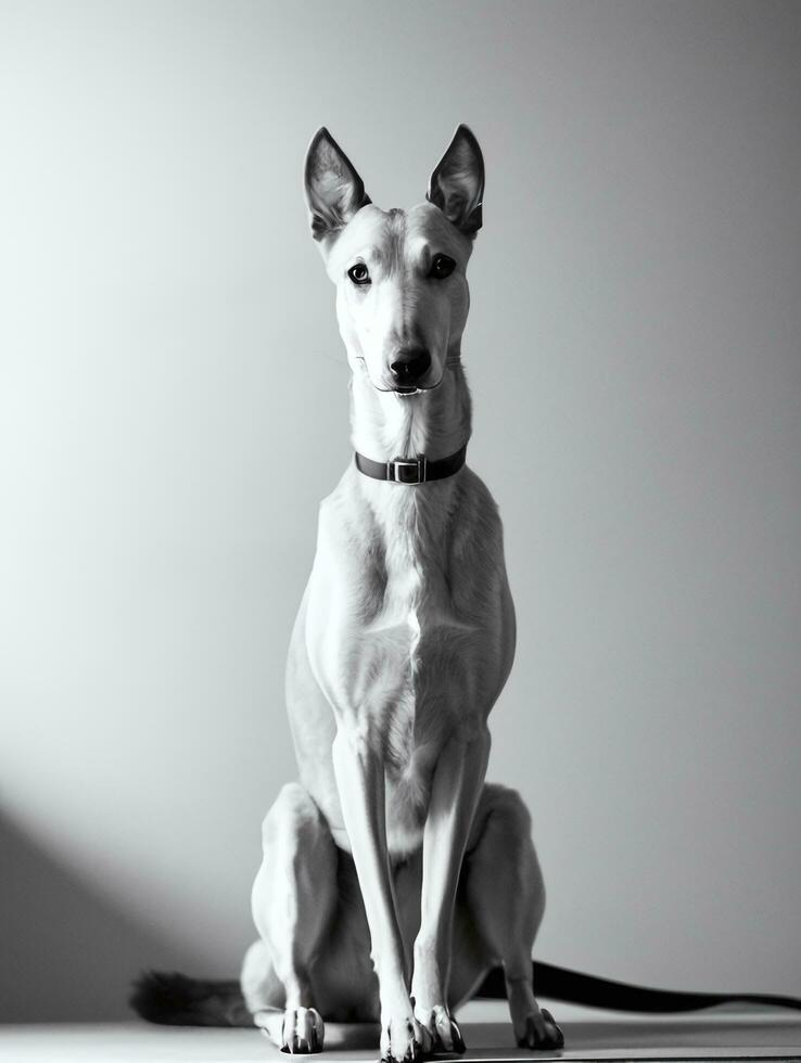 Happy Greyhound Dog Black and White Monochrome Photo in Studio Lighting