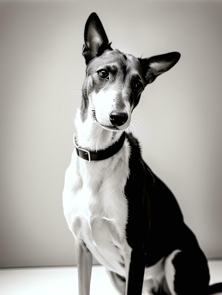 Happy Greyhound Dog Black and White Monochrome Photo in Studio Lighting