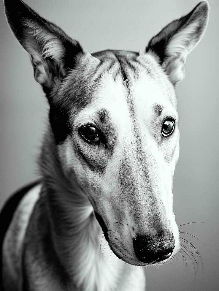 Happy Greyhound Dog Black and White Monochrome Photo in Studio Lighting