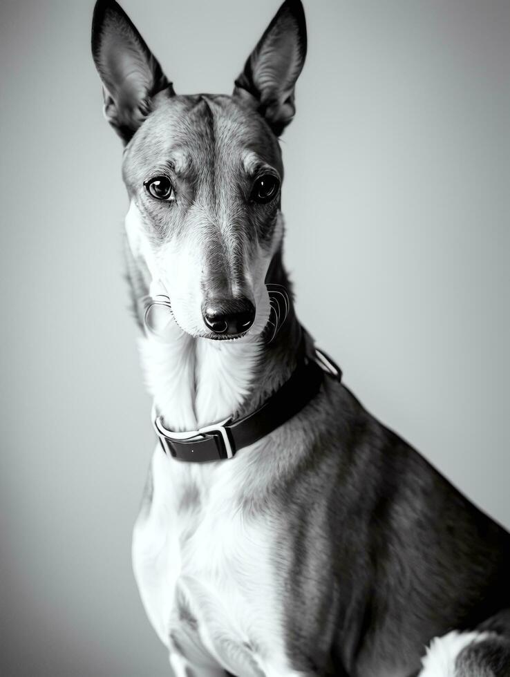 contento galgo perro negro y blanco monocromo foto en estudio Encendiendo