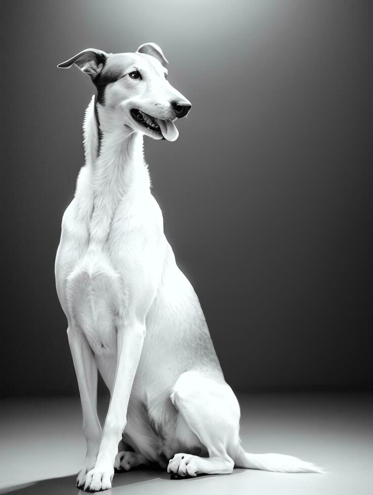 Happy Greyhound Dog Black and White Monochrome Photo in Studio Lighting